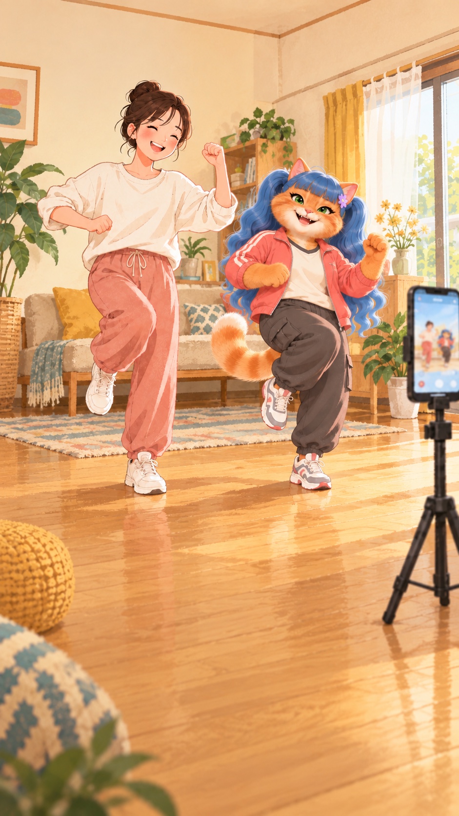 自宅でリリと楽しく踊る女性